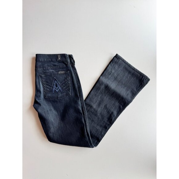 7 FOR ALL MANKIND Dark Rinse Embroidered Crystal "A" Pocket FlaredJeans, Size 27 - Picture 1 of 13